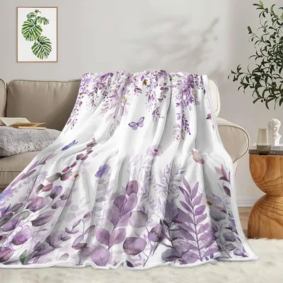 Purple Watercolor Floral Butterflies Blanket: Soft Fleece Design