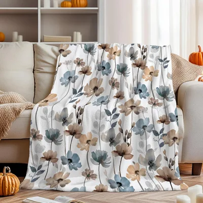 Watercolor Wildflowers Blue Brown Blanket: Soft Floral Fleece Throw