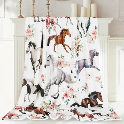 Running Horses and Roses Blanket featuring watercolor galloping horses