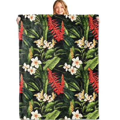 Tropical Floral Pattern Blanket featuring lush green leaves