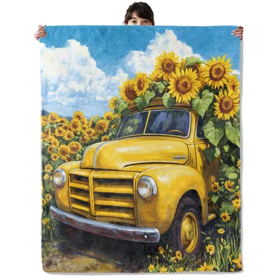Sunflower Truck Farmhouse Blanket: Vintage Pickup with Yellow Flowers