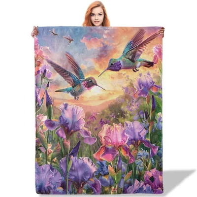 Hummingbird Iris Flowers Blanket: A Sunset Garden Scene