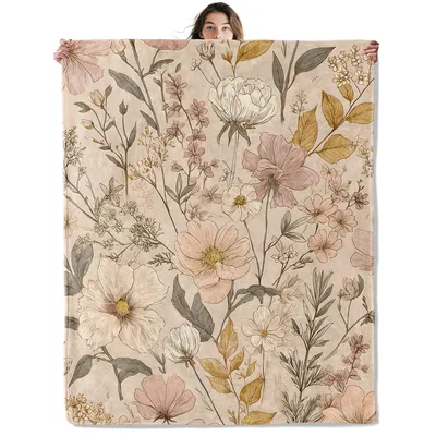 Vintage Botanical Floral Blanket: Wildflower and Leaf Print