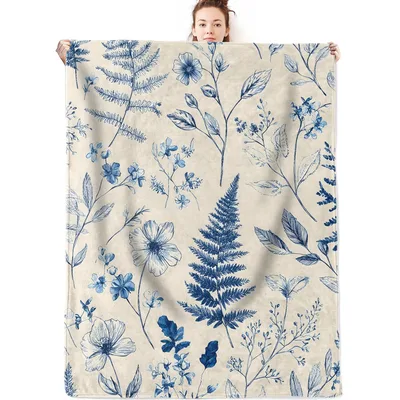 Blue Botanical Floral Pattern Blanket: Vintage Ferns and Flowers