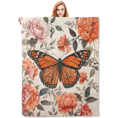 Monarch Butterfly Floral Blanket featuring a vibrant orange butterfly