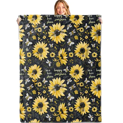 Sunflower Bee Pattern Blanket with bright yellow sunflowers