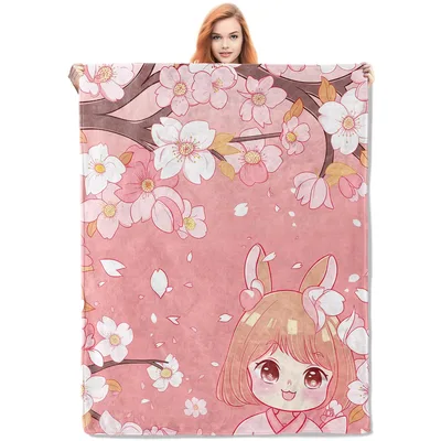 Cherry Blossom Anime Girl Blanket: Pink Floral Design for Fans