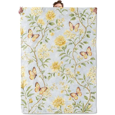 Yellow Floral Butterflies Blanket: Watercolor Garden Design