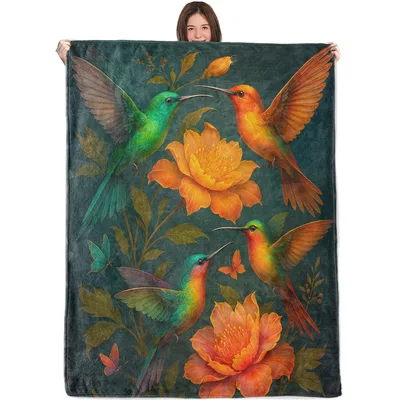 Hummingbirds and Orange Blooms Blanket