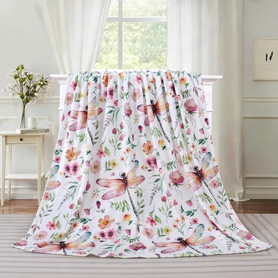 Watercolor Dragonflies and Flowers Blanket featuring soft pink