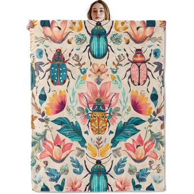 Beetle Floral Boho Pattern Blanket: Artistic Insect and Flower Throw