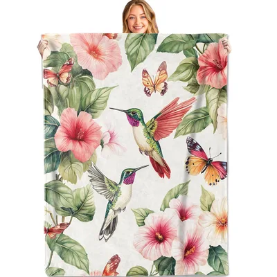 Hummingbirds and Hibiscus Flowers Blanket: Tropical Floral Art