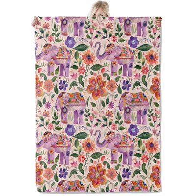 Purple Elephants Among Florals Blanket: Folk Art Elephant Design
