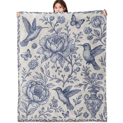 Hummingbird Floral Toile Blanket: Vintage Blue Peony and Bird Design