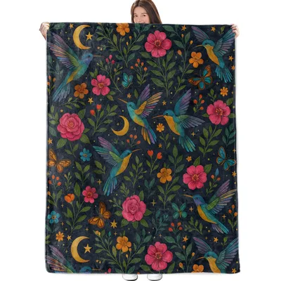 Hummingbirds Moons and Flowers Blanket: A Whimsical Floral Night Scene