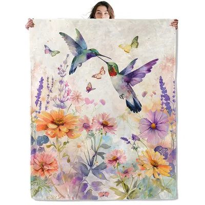 Hummingbirds Among Pastel Wildflowers Blanket: Watercolor Floral Art