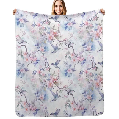 Pink Blossoms and Hummingbirds Blanket: Watercolor Floral Art