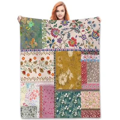 Boho Patchwork Floral Design Blanket: Vintage Quilt Style Throw