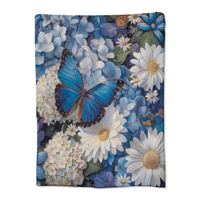 Butterfly Floral Flowers Blanket: Blue Morpho and Daisy Garden Design