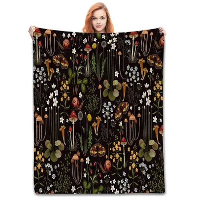 Mushroom Botanical Wildflower Pattern Blanket: Cottagecore Fungi Art