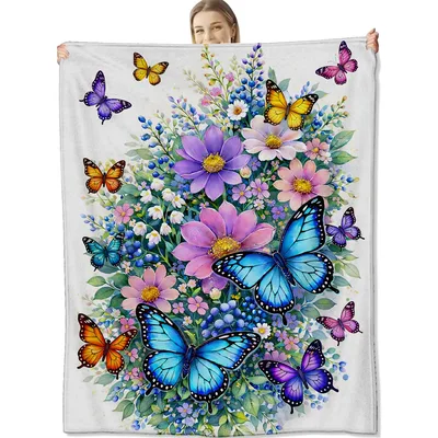 Butterfly Floral Watercolor Garden Blanket features blue