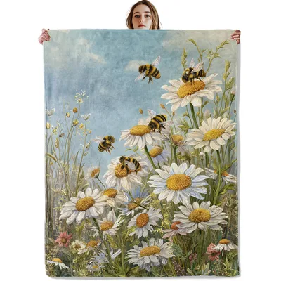 Daisy Flower Blanket featuring realistic bumblebees