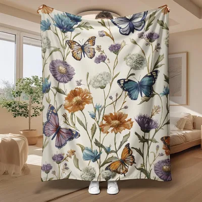 Boho Watercolor Butterfly Florals Blanket: Wildflower Botanical Throw