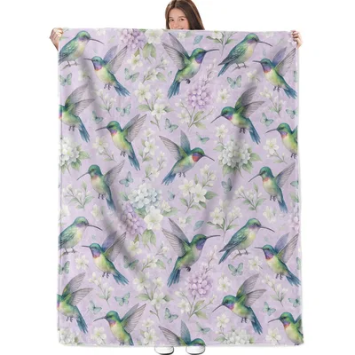Hummingbirds and Lilac Blossoms Blanket: Watercolor Floral Pattern