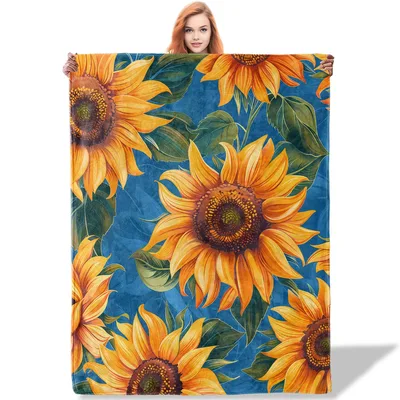 Sunflowers on Teal Blue Blanket: Large Floral Pattern for Cozy Living