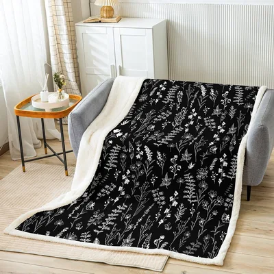 Black White Floral Botanical Blanket Wildflower Pattern Throw