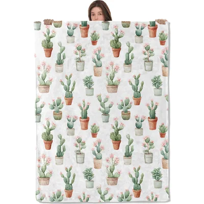 Cactus Pattern Watercolor Blanket featuring potted prickly pear cacti
