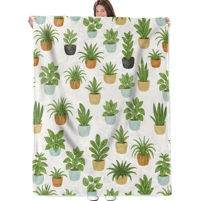 Houseplant Pattern Print Blanket featuring watercolor potted plants