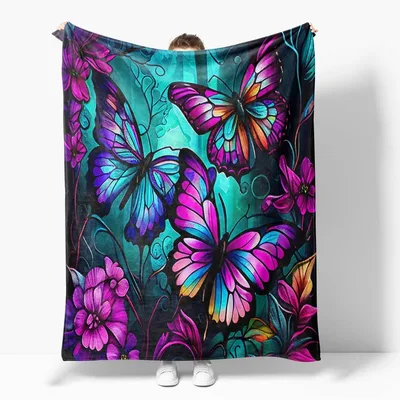 Colorful Butterflies and Flowers Blanket featuring vibrant neon purple