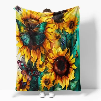Sunflowers and Butterfly Art Blanket: Vibrant Floral Design
