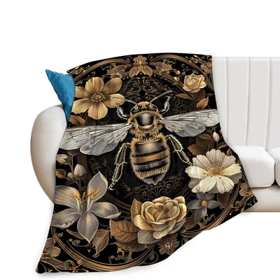 Bee and Golden Flowers Blanket: Vintage Bee Art with Floral Frame