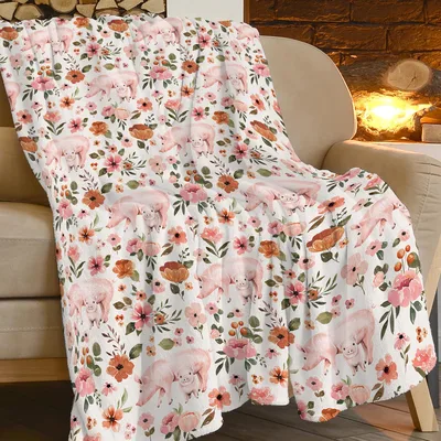 Pink Watercolor Floral Pattern Blanket with Cute Pig and Flower Design