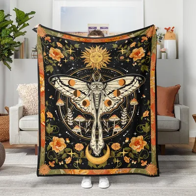Moth Sun Moon Flower Blanket: Retro Boho Moth Design