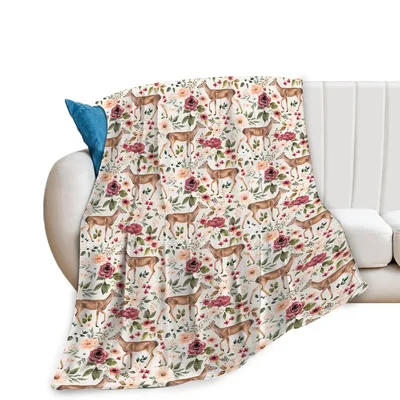 Deer and Flowers Pattern Blanket featuring watercolor deer