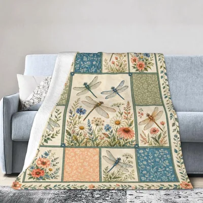 Dragonflies and Flowers Patchwork Blanket: Vintage Insect Art