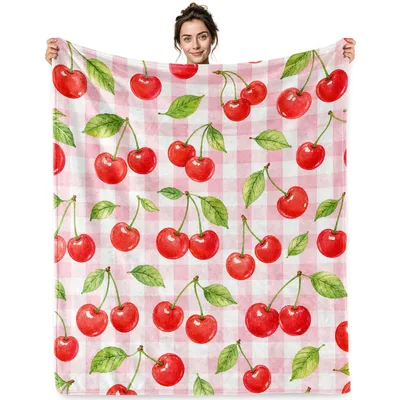 Cherries on Pink Gingham Blanket: Watercolor Fruit Pattern