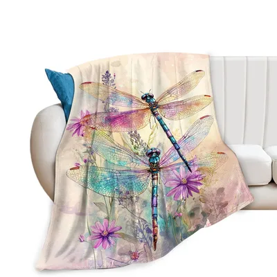 Dragonfly with Pastel Flowers Blanket: Watercolor Insect Art