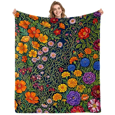 Wildflower Garden Pattern Blanket featuring vibrant orange poppies