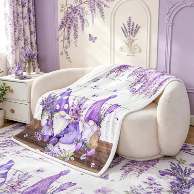 Lavender Butterfly Floral Pattern Blanket: Gnomes and Wisteria Design