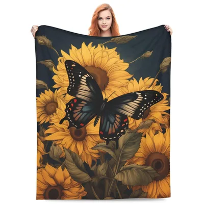 Dark Sunflowers and Butterflies Blanket featuring bold yellow blooms