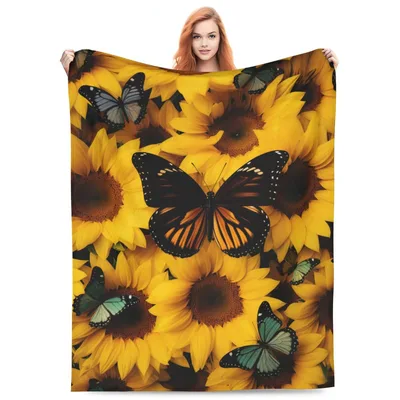 Yellow Sunflowers and Butterflies Blanket: Bright Floral Design
