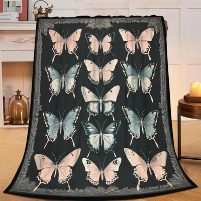 Butterflies on Black Pattern Blanket: Vintage Insect Art Throw
