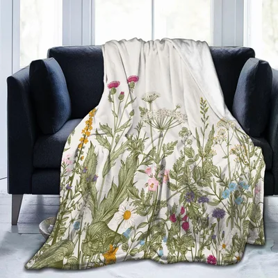 Sage Green Herb Floral Blanket Vintage Wildflower Garden Throw