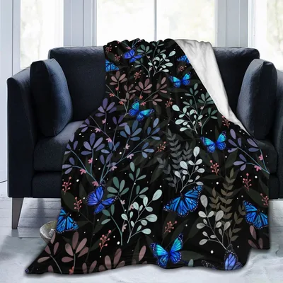 Blue Butterfly Floral Pattern Blanket: Vibrant Wings on Dark Foliage