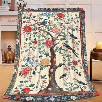 Tree of Life with Birds Blanket: Vintage Floral Art with Perched Birds