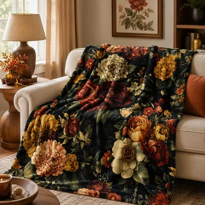 Dark Vintage Botanical Floral Blanket: Rich Dark Floral Throw
